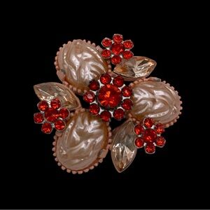 Vintage Peach Lava and Red Rhinestone Floral Brooch